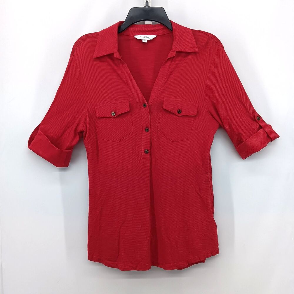 Coral Bay Shirt Womens Small Red Collared Rolled Tab Sleeves Pockets Casual Top